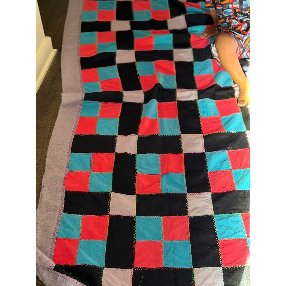 Vintage Handmade Patchwork Quilt Blanket Black Red Blue Geometric Folk Art Throw